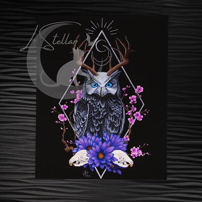 Sacred Owl Art Print: Gothic Forest, Cryptid Dark Fantasy Animal Acrylic Painting