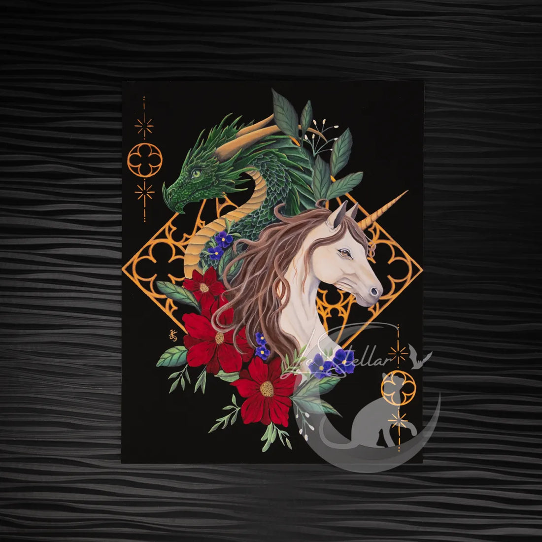 Dragon and Unicorn Gothic Art Print: Dark Academia Fantasy Acrylic Painting Decor