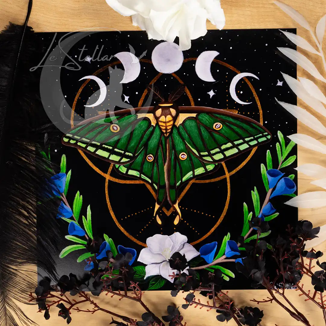 Spanish Moon Moth Acrylic Painting: Moon Phases Bedroom Decor