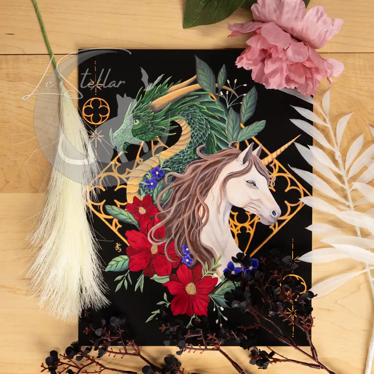 Dragon and Unicorn Gothic Art Print: Dark Academia Fantasy Acrylic Painting Decor