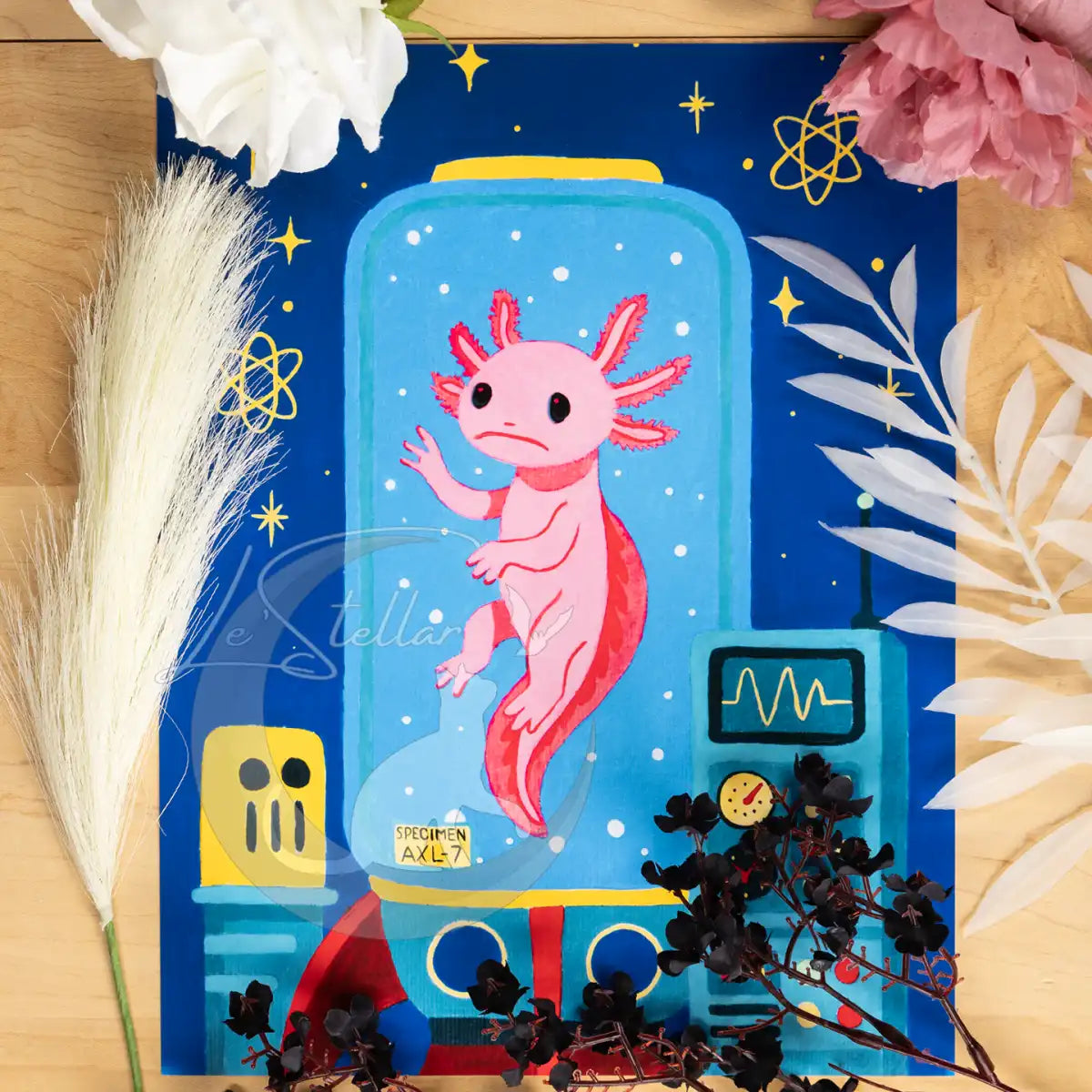 Retro Axolotl Acrylic Painting Print: Fantasy Atomic Age Hand-Painted Wall Art