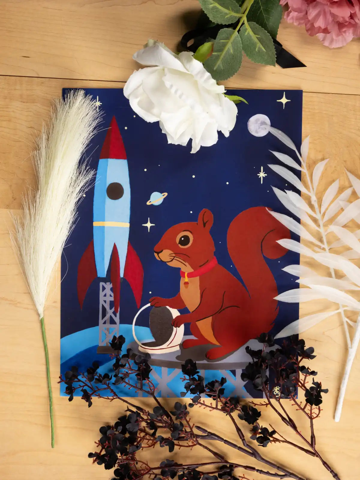 Astronaut Squirrel Acrylic Painting Print: Fantasy Atomic Age Hand-Painted Wall Art