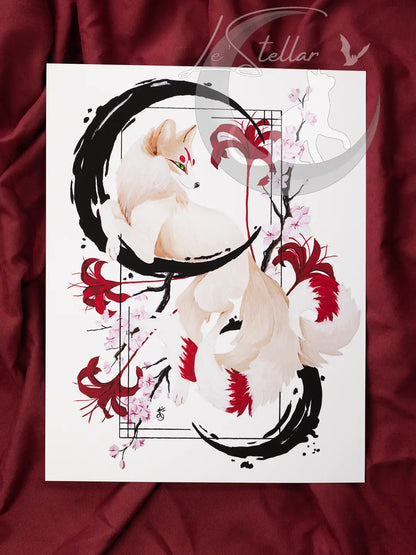 Kitsune Fox Art Painting Print, Japanese Sumi-e Inspired Wall Art