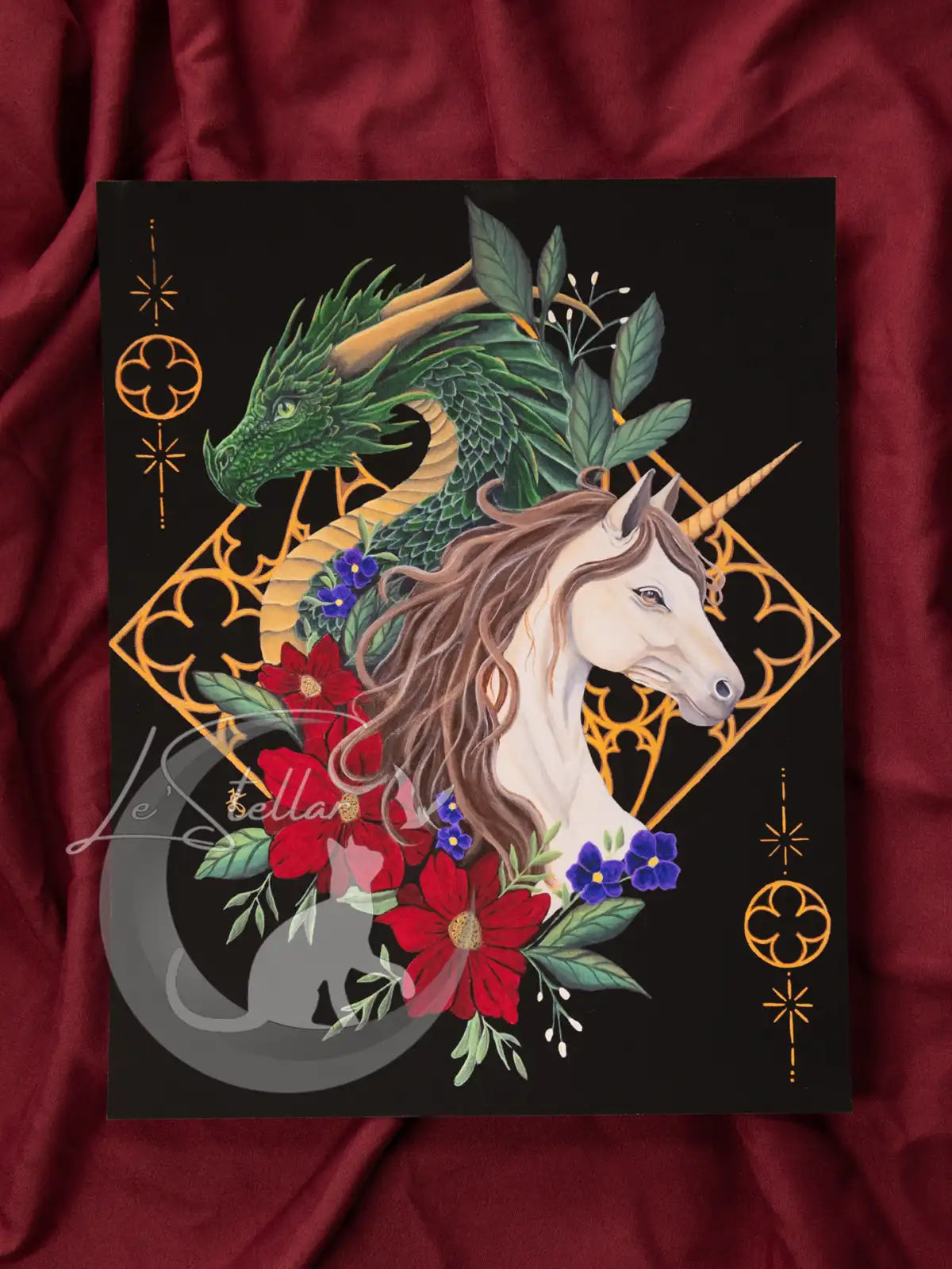 Dragon and Unicorn Gothic Art Print: Dark Academia Fantasy Acrylic Painting Decor