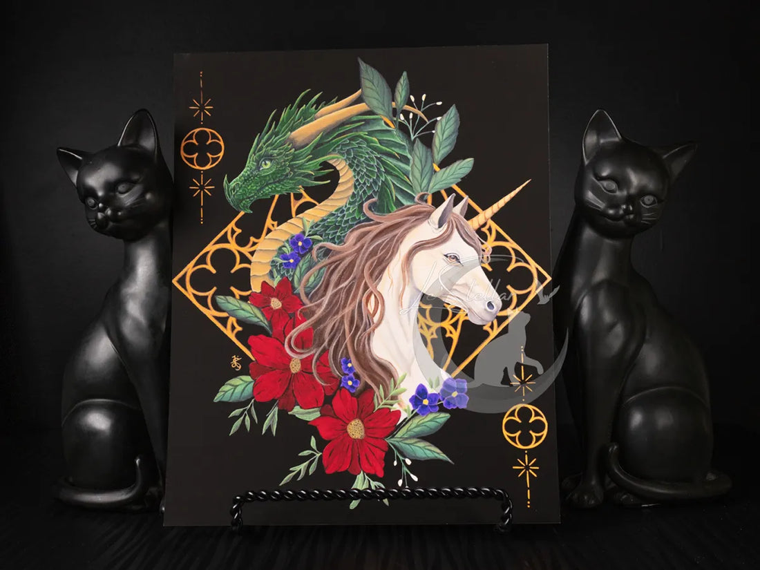 Dragon and Unicorn Gothic Art Print: Dark Academia Fantasy Acrylic Painting Decor
