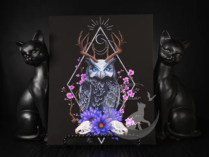 Sacred Owl Art Print: Gothic Forest, Cryptid Dark Fantasy Animal Acrylic Painting
