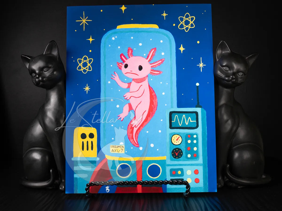 Retro Axolotl Acrylic Painting Print: Fantasy Atomic Age Hand-Painted Wall Art