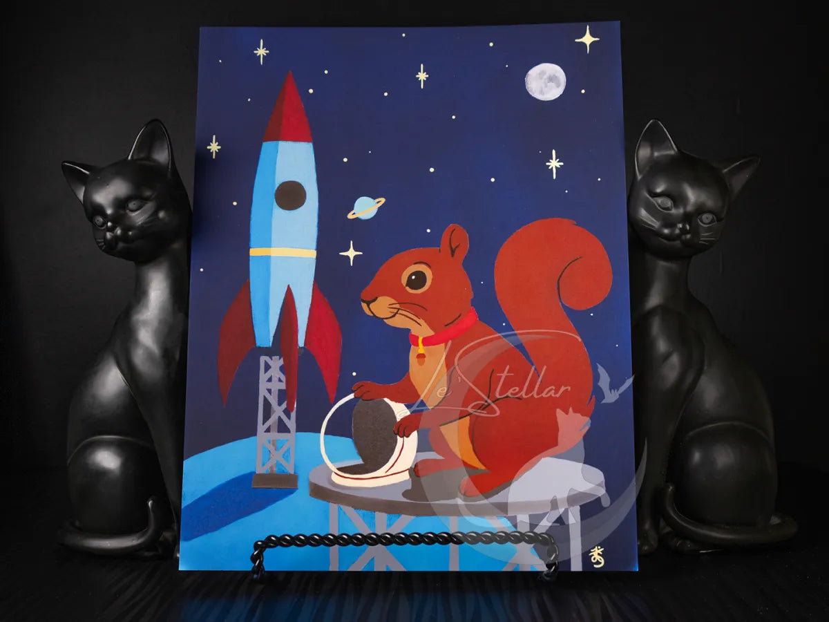 Astronaut Squirrel Acrylic Painting Print: Fantasy Atomic Age Hand-Painted Wall Art
