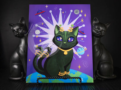 Whimsical Alien Cat Acrylic Painting Print: Fantasy Atomic Age Hand Painted Wall Art