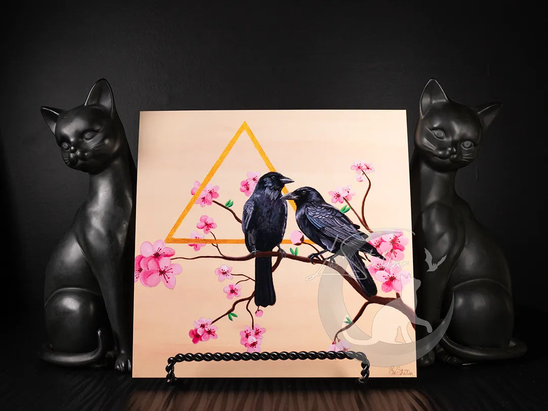 Crow and Cherry Blossom Painting: Acrylic Handpainted Cottagecore Bird Wall Art Print
