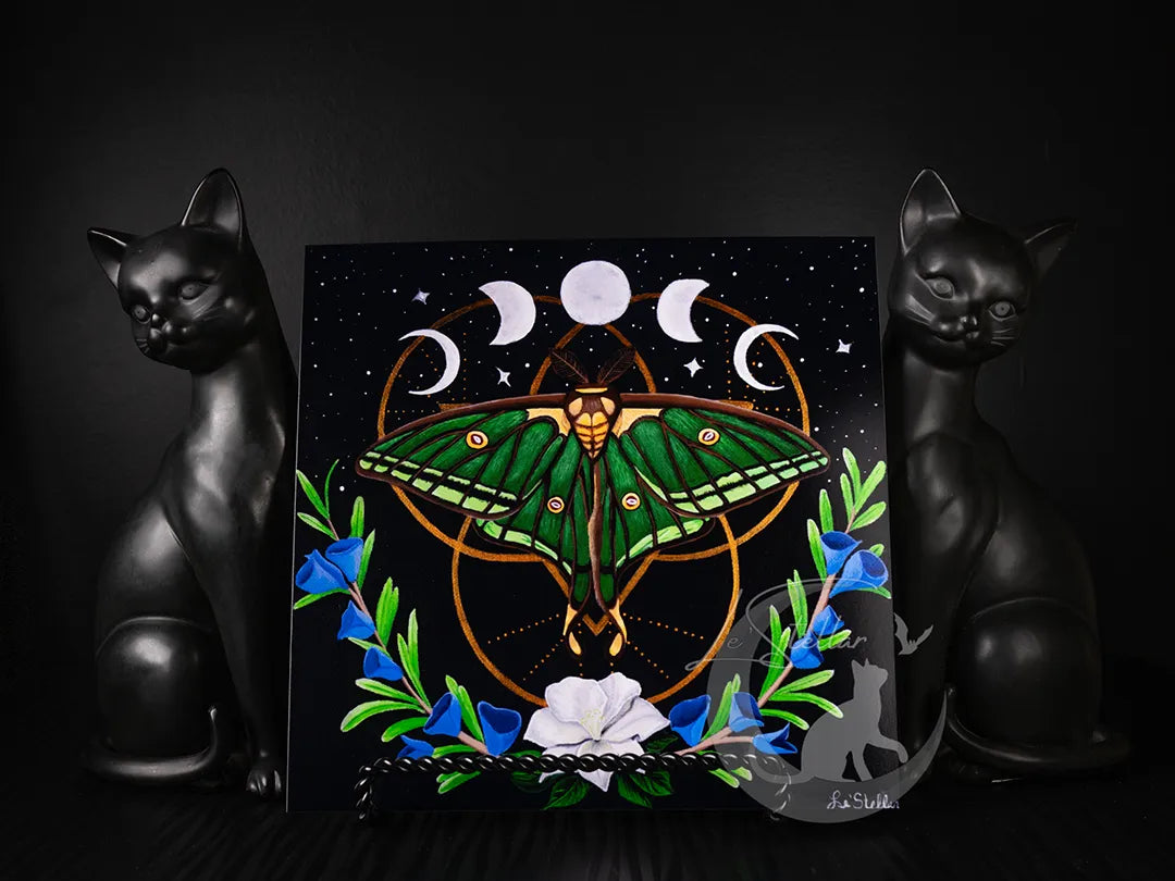 Spanish Moon Moth Acrylic Painting: Moon Phases Bedroom Decor