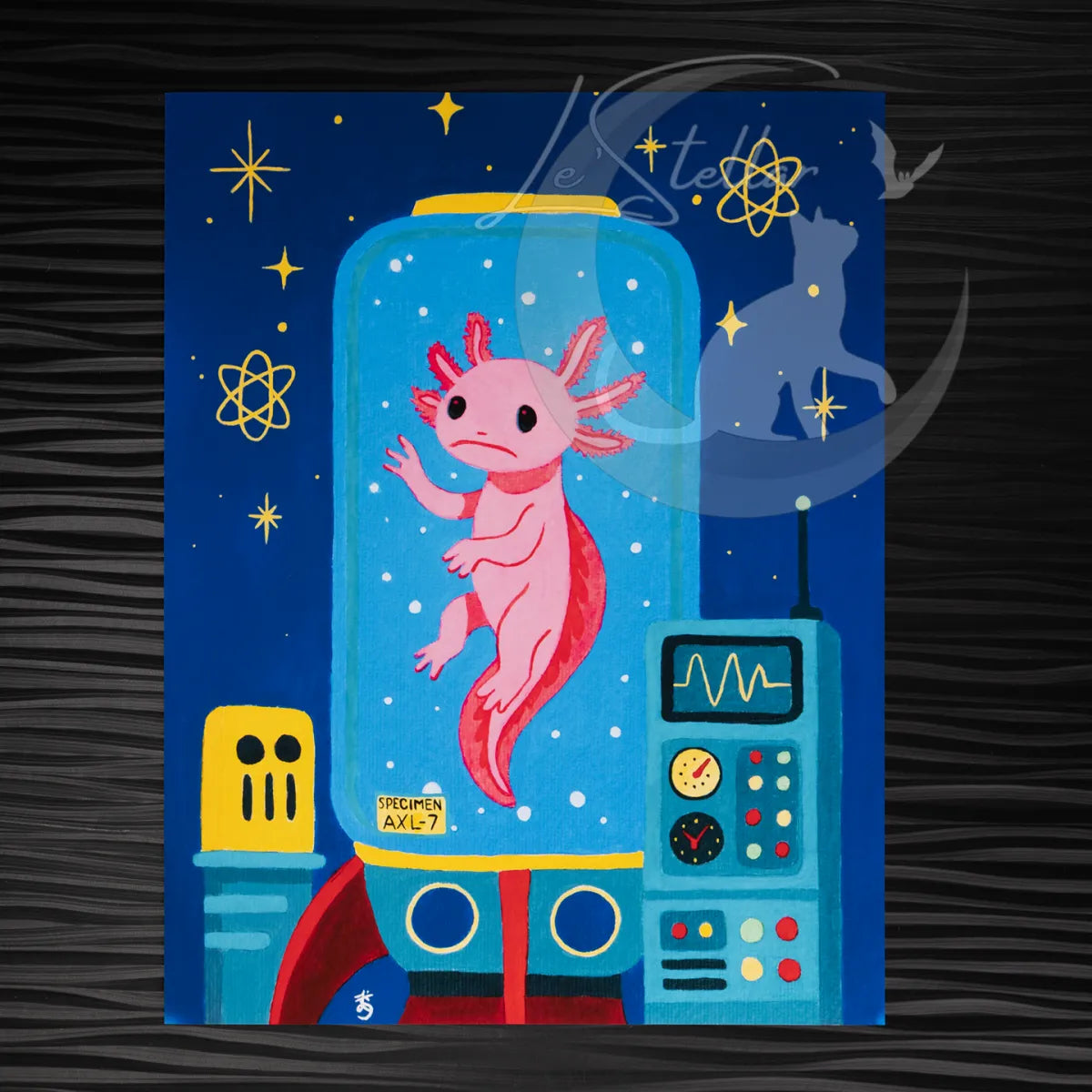 Retro Axolotl Acrylic Painting Print: Fantasy Atomic Age Hand-Painted Wall Art