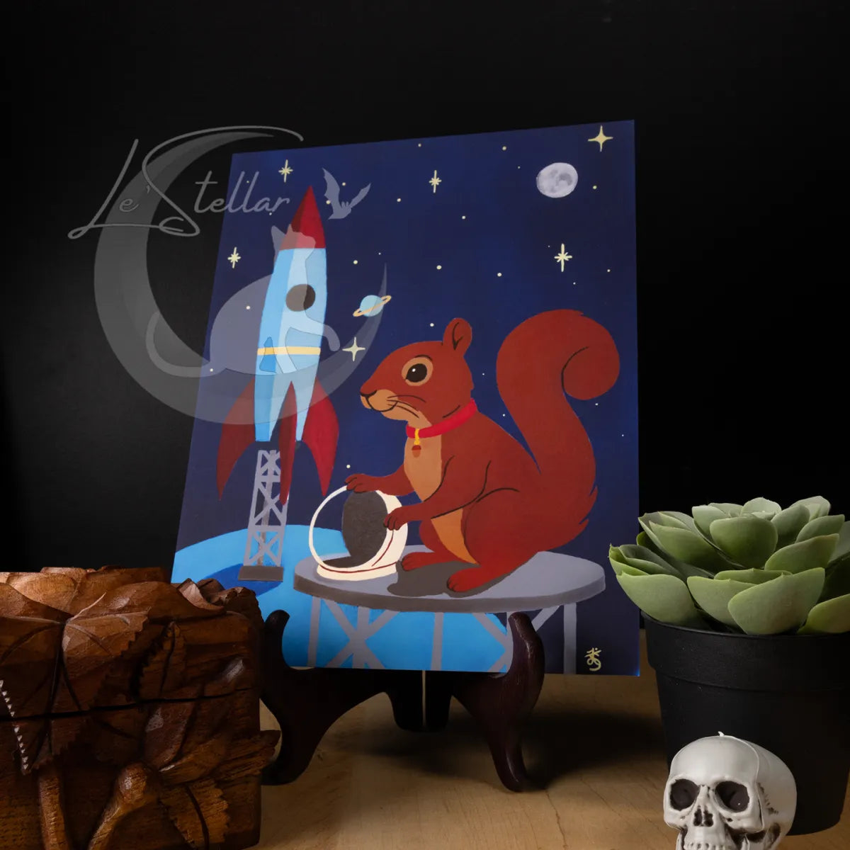 Astronaut Squirrel Acrylic Painting Print: Fantasy Atomic Age Hand-Painted Wall Art