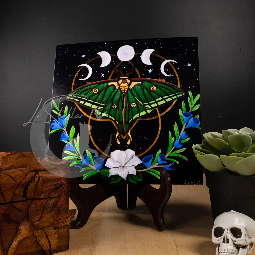 Spanish Moon Moth Acrylic Painting: Moon Phases Bedroom Decor