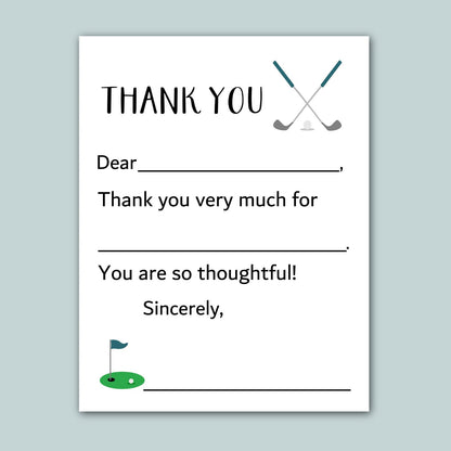 The image is a white card with a golf-themed design, including a golf club and a golf ball. The card has a message expressing gratitude, and it is not a collage of multiple images. The message is written in a clear, simple font and includes a golf club and ball illustration. The card does not contain any redundancy or vague wording, and it focuses on the gratitude message.