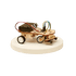 Small wooden DIY robot car with wheels on a white platform against a black background