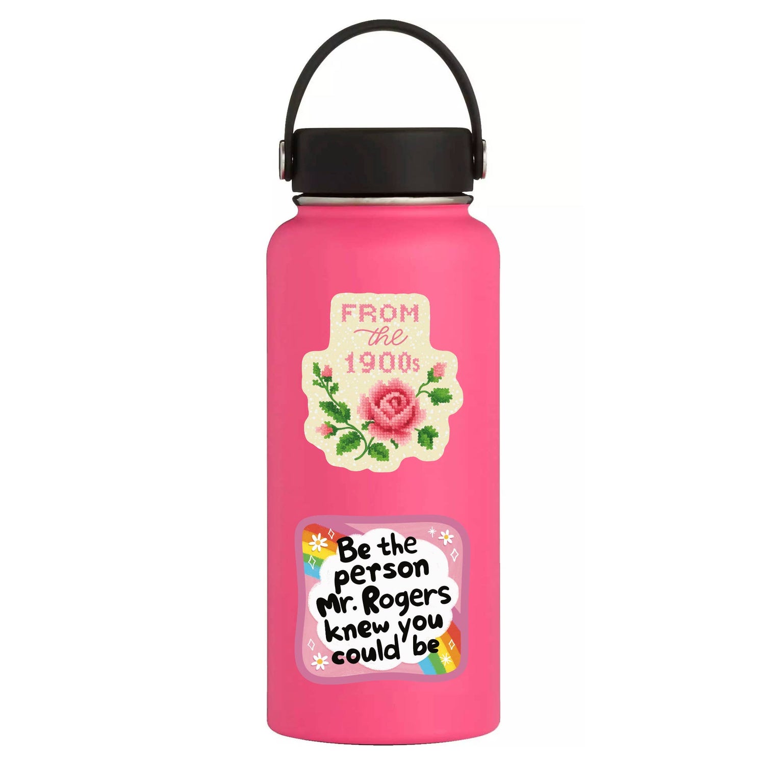 Pink water bottle with motivational quote and rose design on a white background