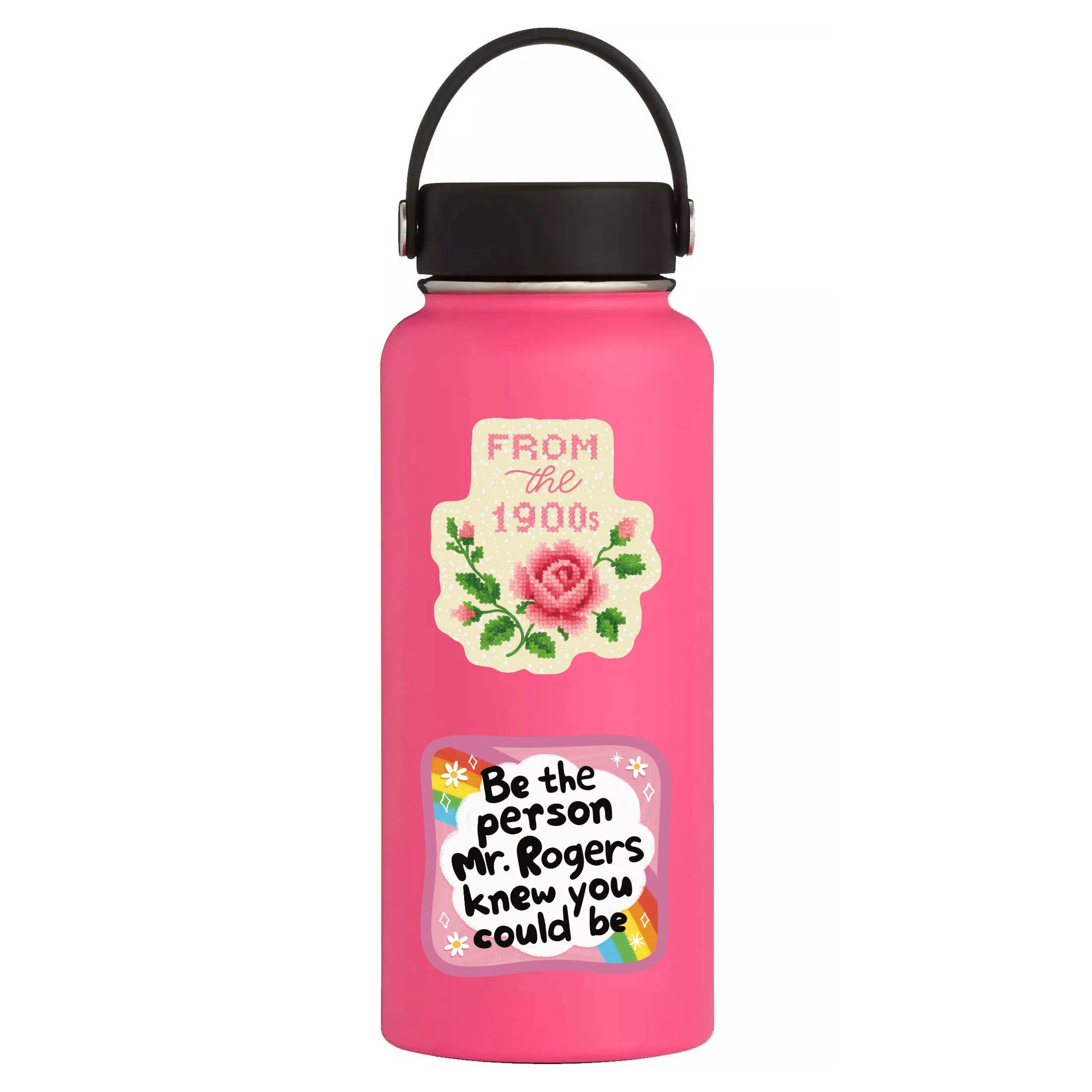 Pink water bottle with motivational quote and rose design on a white background