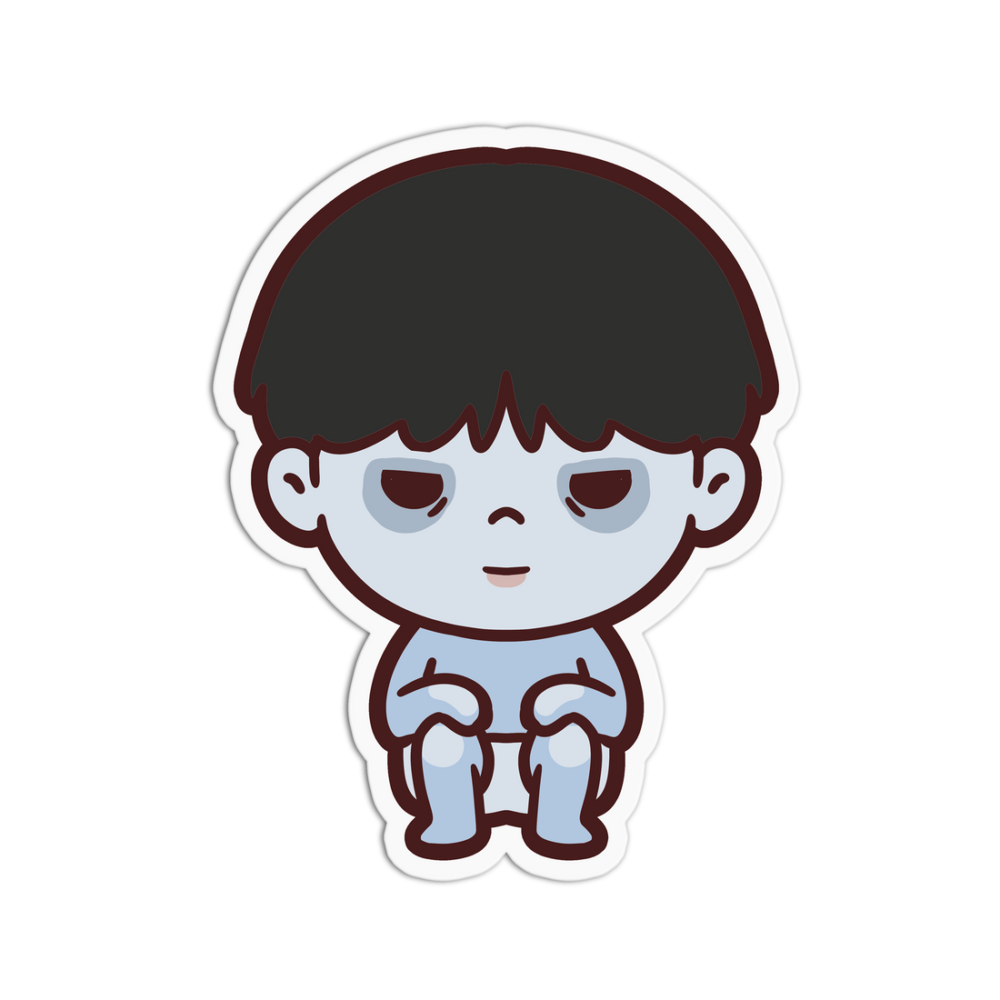 Cartoon character with dark hair and light skin on a white background