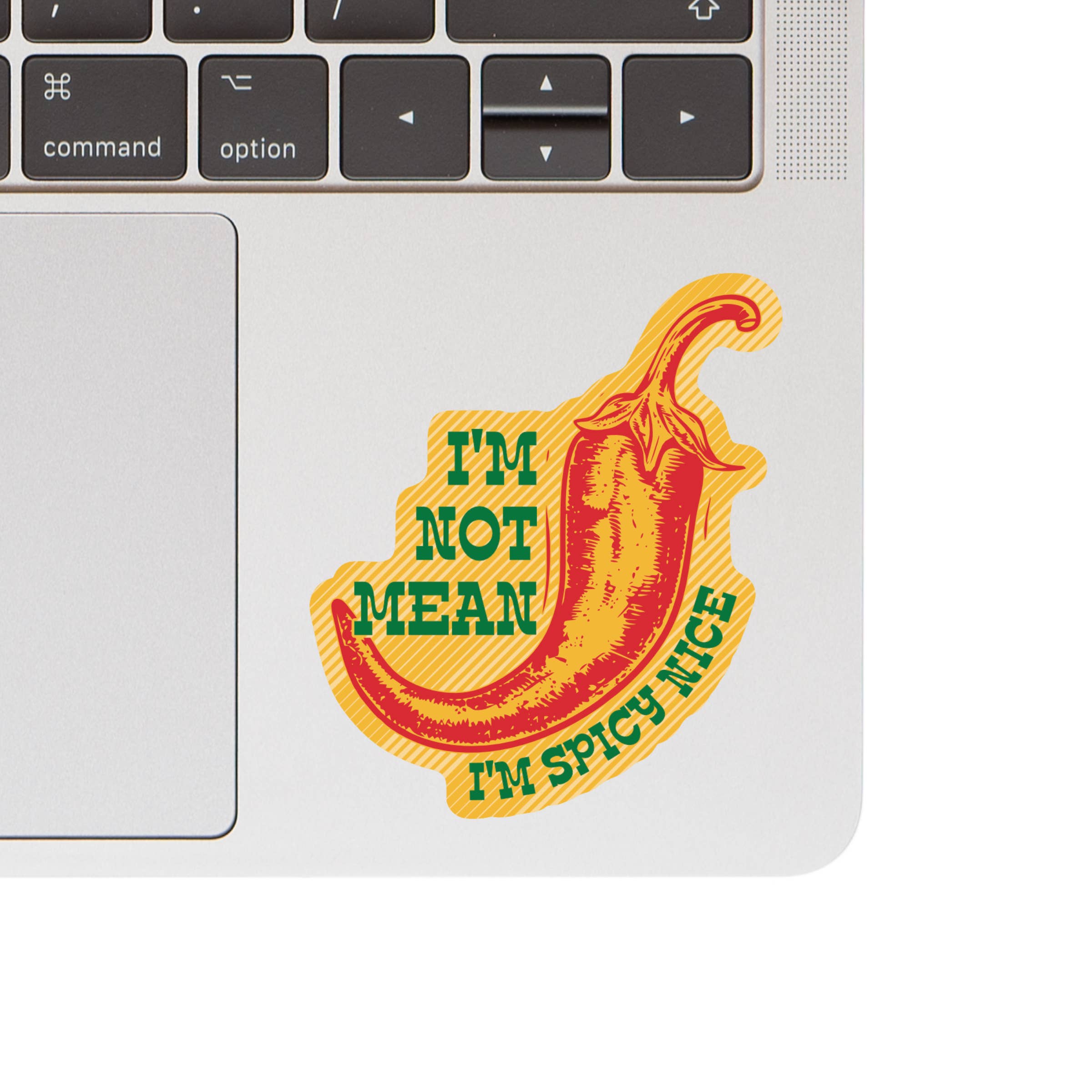 Laptop with a chili pepper sticker reading &