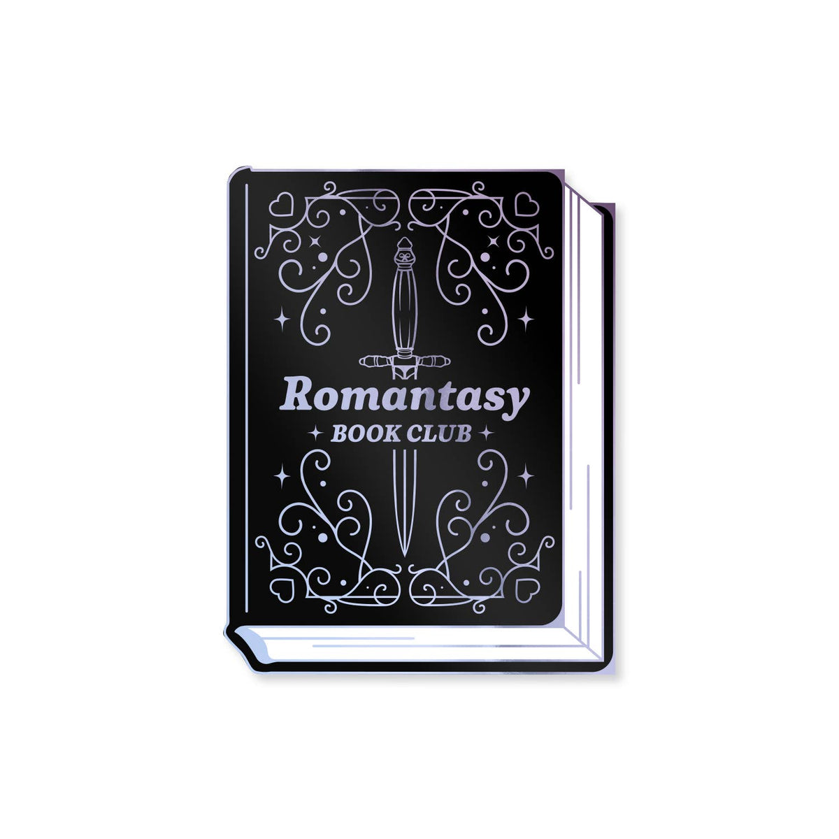 A book-shaped accessory with a black cover and white decorative line art featuring a sword and the text &