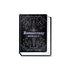 A book-shaped accessory with a black cover and white decorative line art featuring a sword and the text &