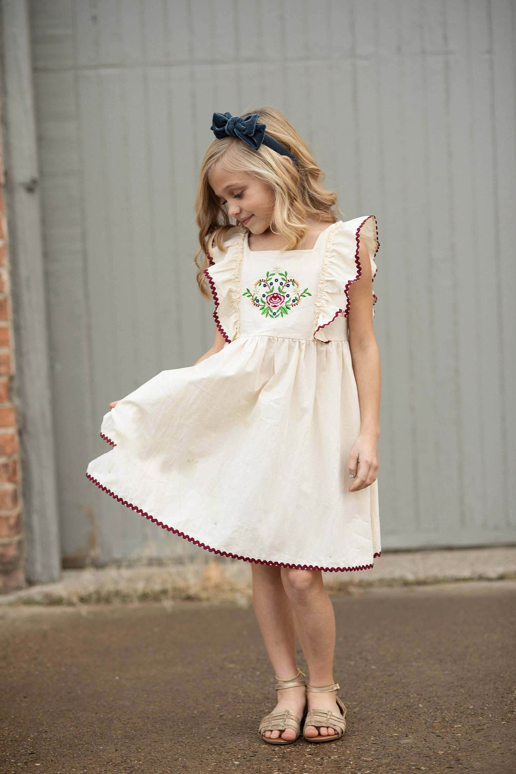 Kids Cream &amp; Burgundy Floral Embroidered Pinafore Dress