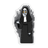 A die-cut sticker featuring a cartoon illustration of a ghostly nun in a black robe and veil with pale gray skin, yellow eyes, and a distressed gray background, shown on a plain white background.