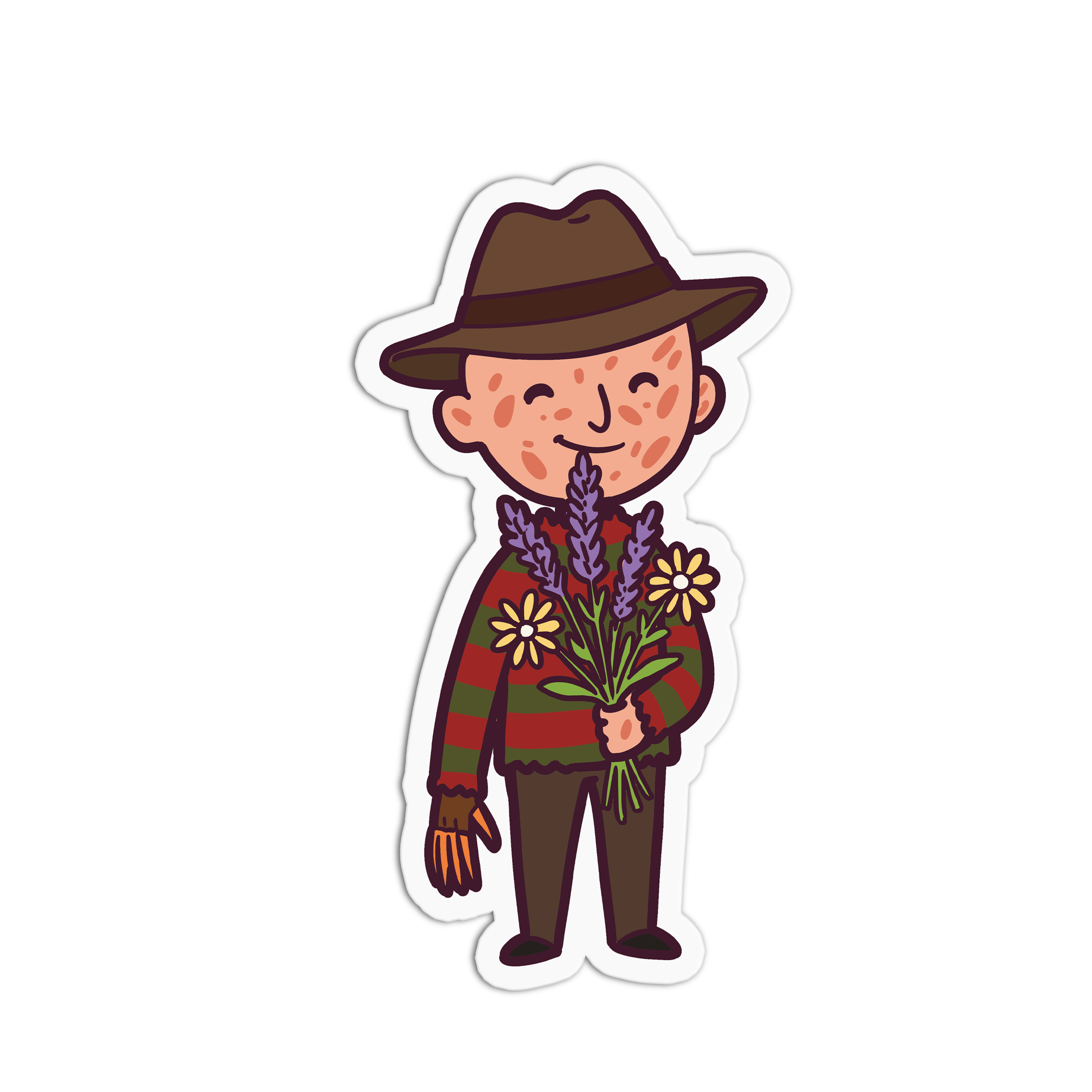 Illustration of a person wearing a hat and holding flowers on a white background