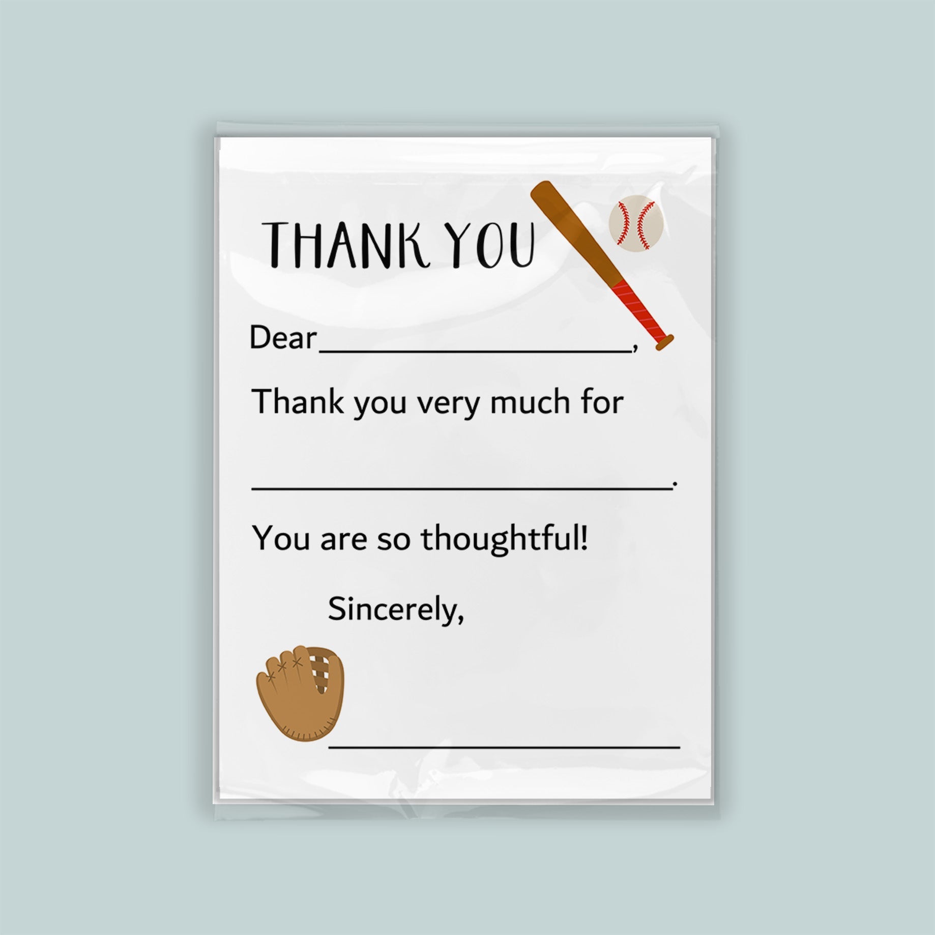 The image is a white thank you card with a baseball theme, featuring a baseball bat, ball, and glove. The card is blank, with space for a message of thanks.