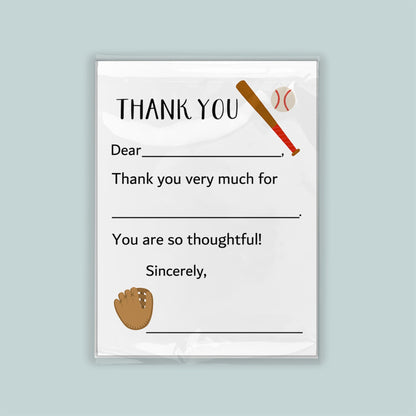 The image is a white thank you card with a baseball theme, featuring a baseball bat, ball, and glove. The card is blank, with space for a message of thanks.