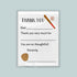 The image is a white thank you card with a baseball theme, featuring a baseball bat, ball, and glove. The card is blank, with space for a message of thanks.