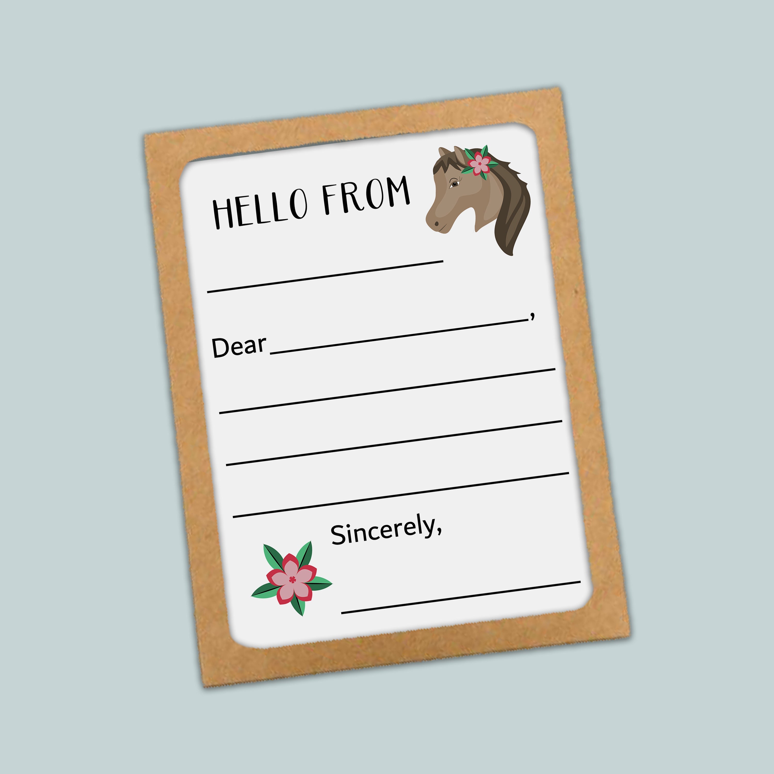 The image is a greeting card with a horse illustration and a blank space for a message.