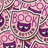 Stickers with a purple cat illustration and text &