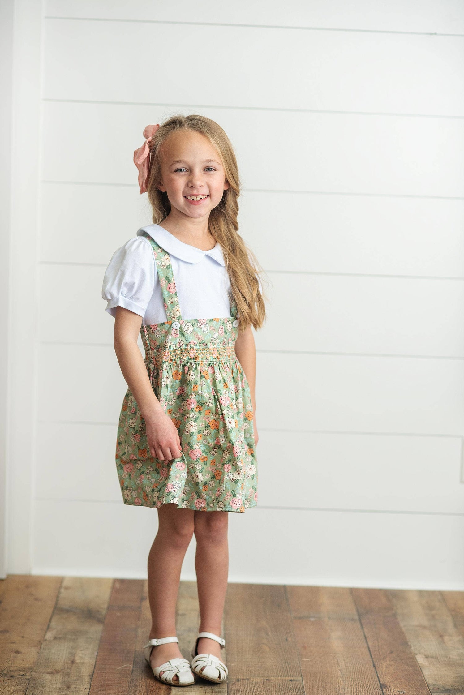 Kids Sage &amp; White Floral Jumper Skirt Easter Collar Set