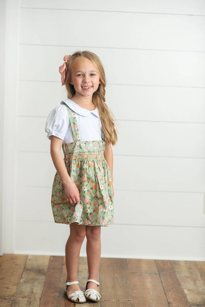 Kids Sage &amp; White Floral Jumper Skirt Easter Collar Set