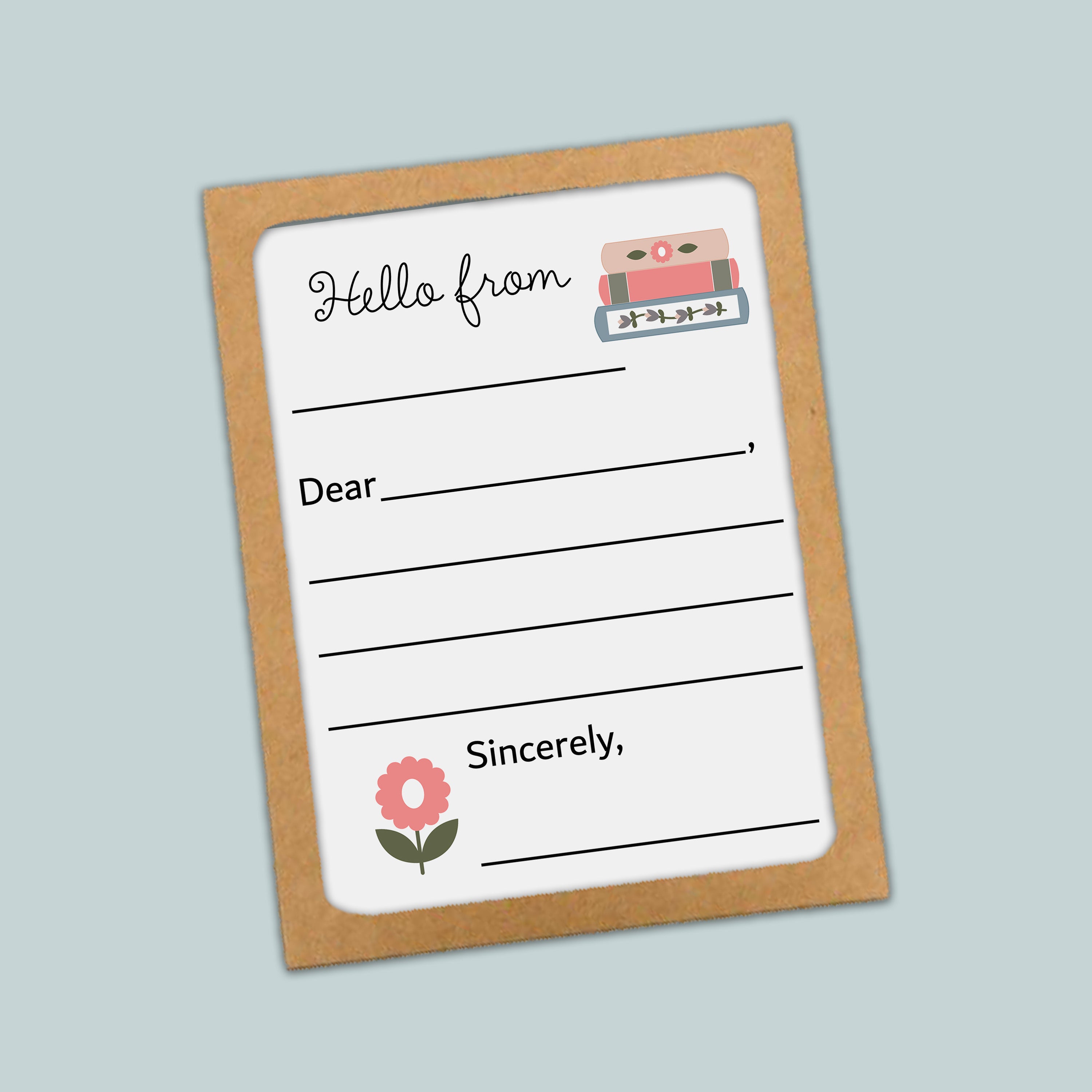 The image is a blank greeting card with a floral design and a pink flower. The card has a blank space for a message and a space for a signature.