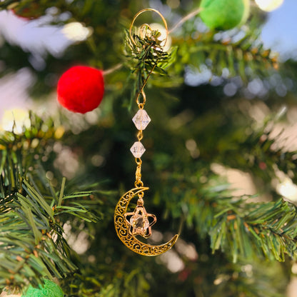 Yuletide Gold Crystal Moon &amp; Star Witchy Christmas Ornament