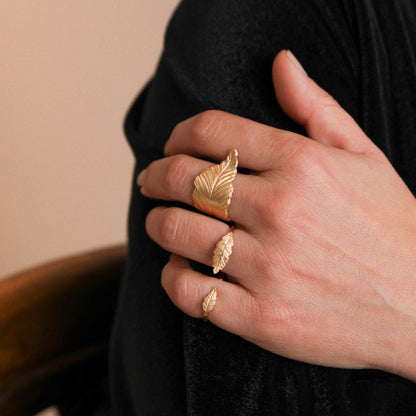 ethical gold handcrafted leaf rings, on model