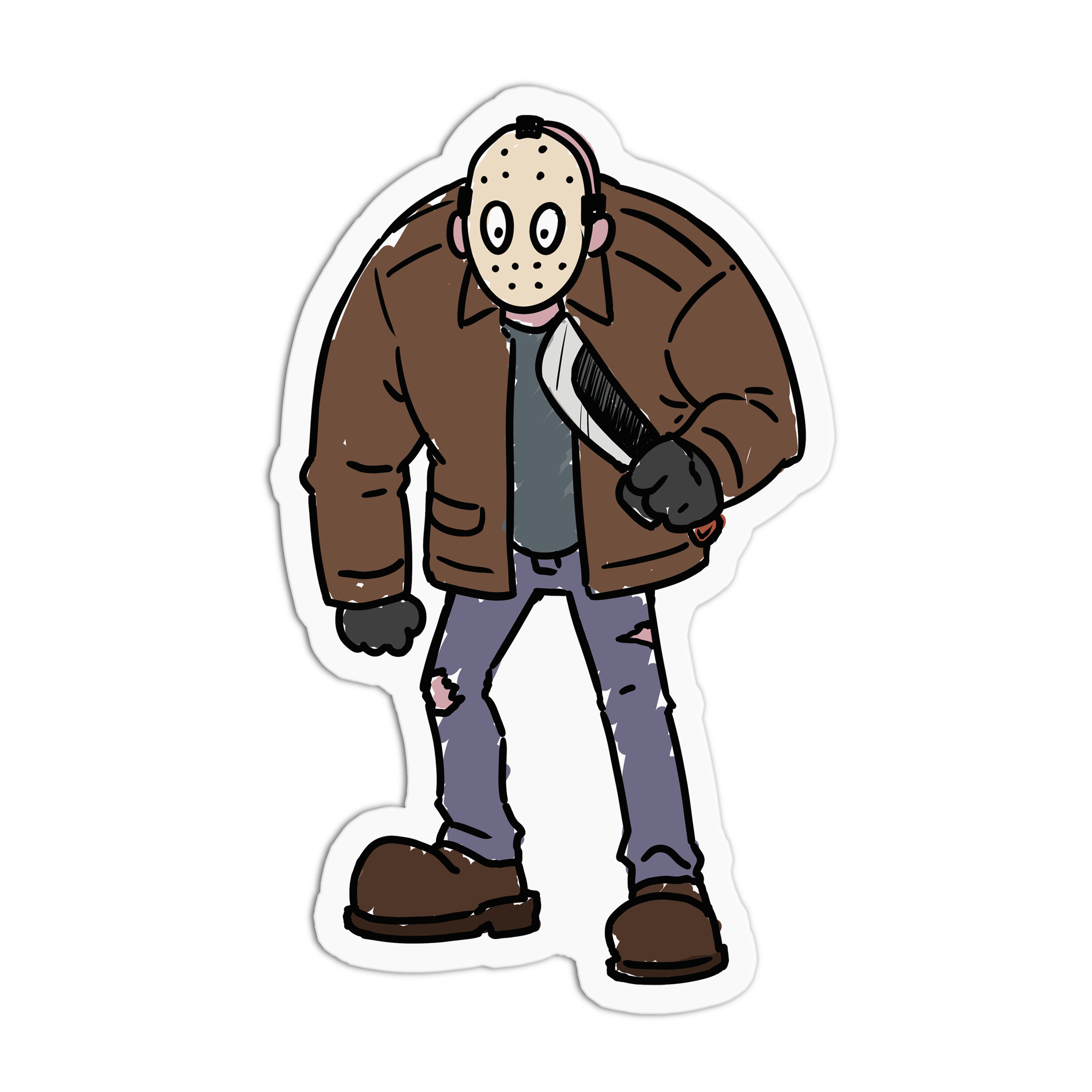 Cartoon character in a brown jacket and jeans on a white background