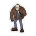 Cartoon character in a brown jacket and jeans on a white background