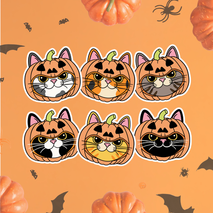 Six Halloween pumpkin cat face stickers arranged in two rows on an orange background with scattered pumpkins, bats, and spider motifs.