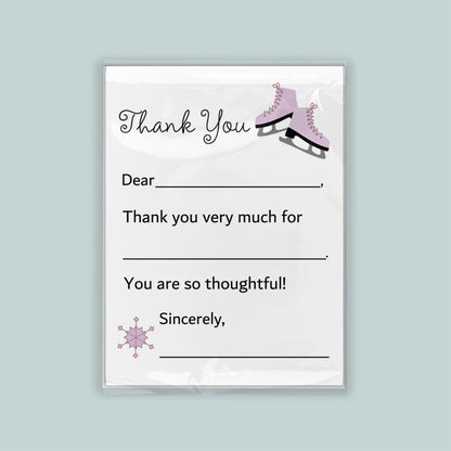 The image is a white thank you card with a pair of pink skates on the top right corner. The card has a blank space for a message and a snowflake graphic on the bottom right corner.