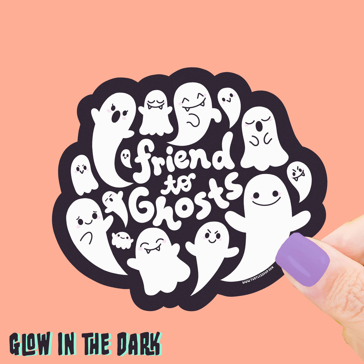 Sticker with cartoon ghosts and text &