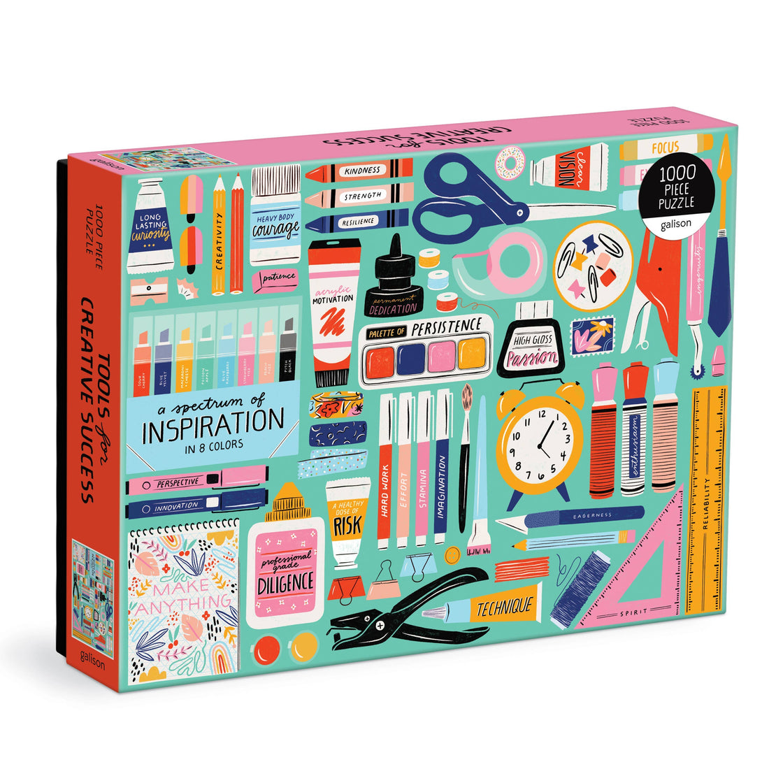 Jigsaw puzzle box with colorful illustrations of stationery items on a white background