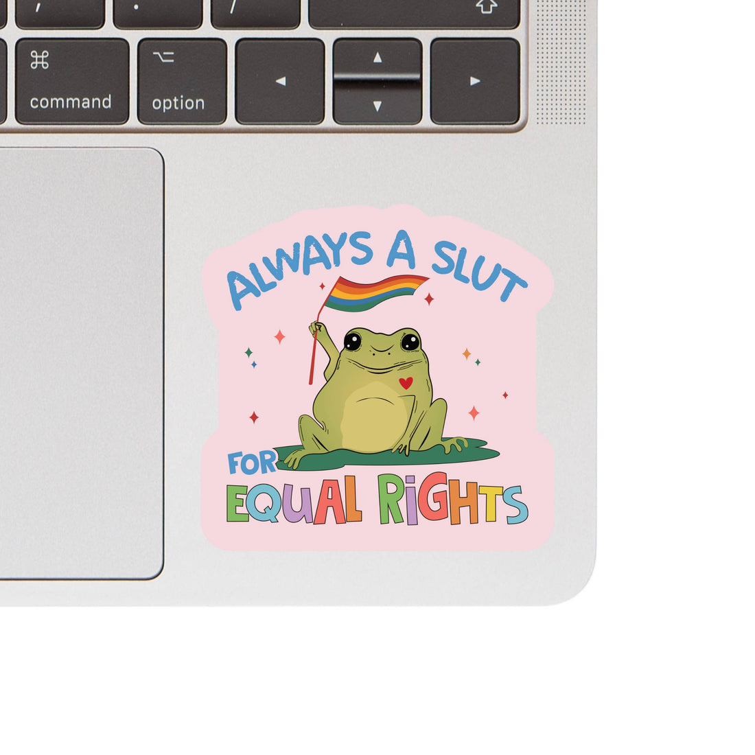Laptop with a sticker featuring a frog holding a rainbow flag and text on a pink background.