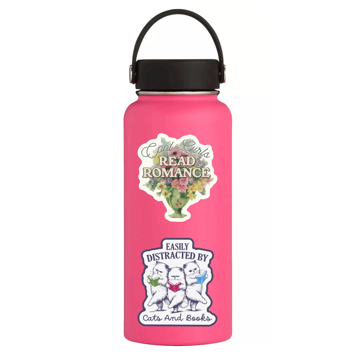 Pink water bottle with stickers on a white background