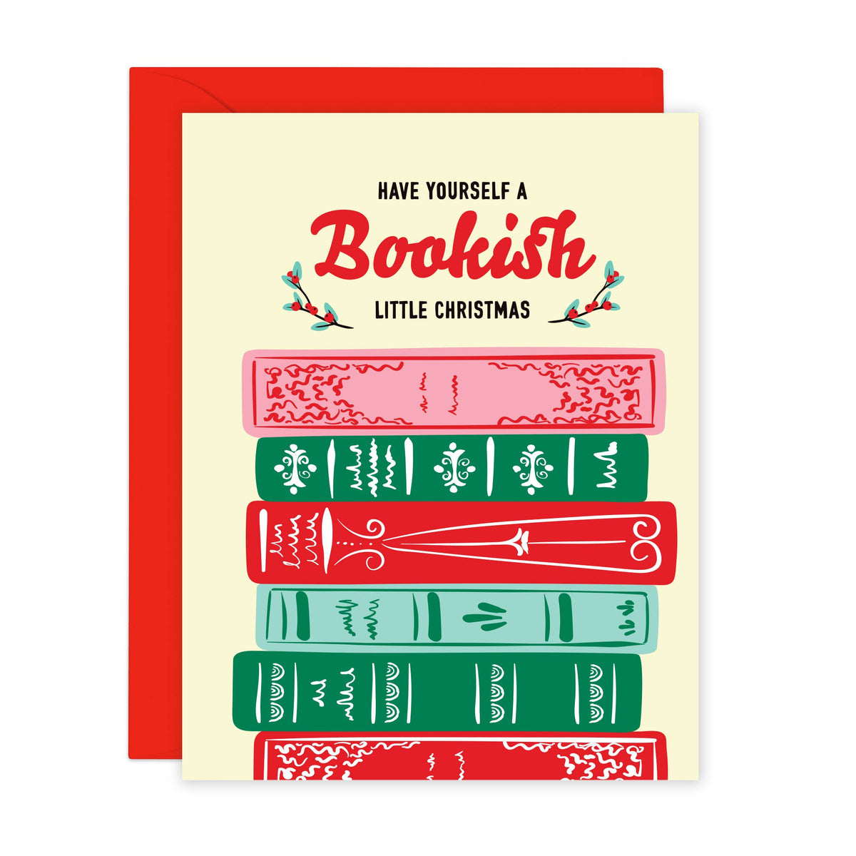 A Christmas greeting card with a red envelope, featuring the text &