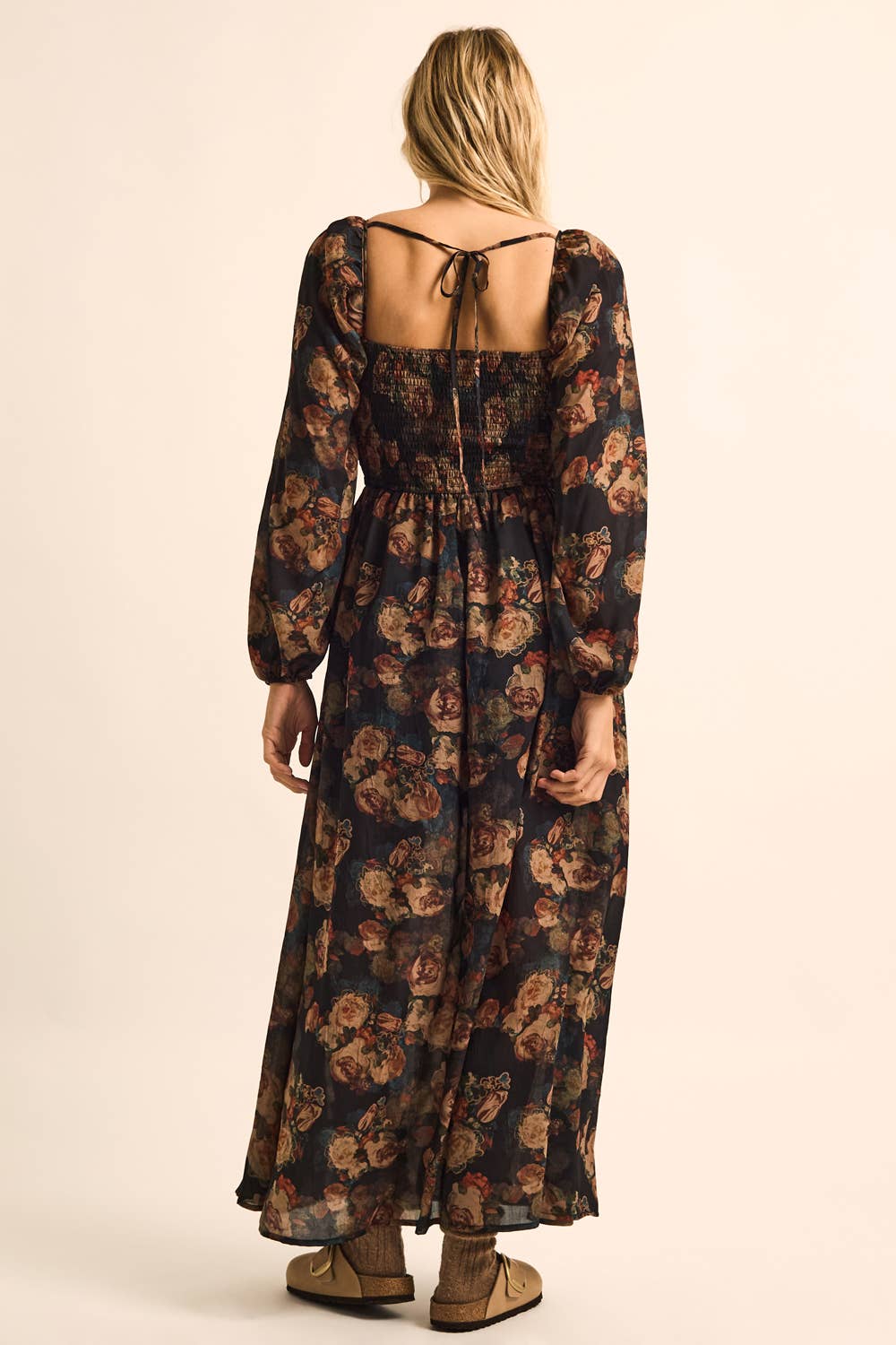 Floral-Print Velvet-Trimmed Bubble-Sleeve Maxi Dress