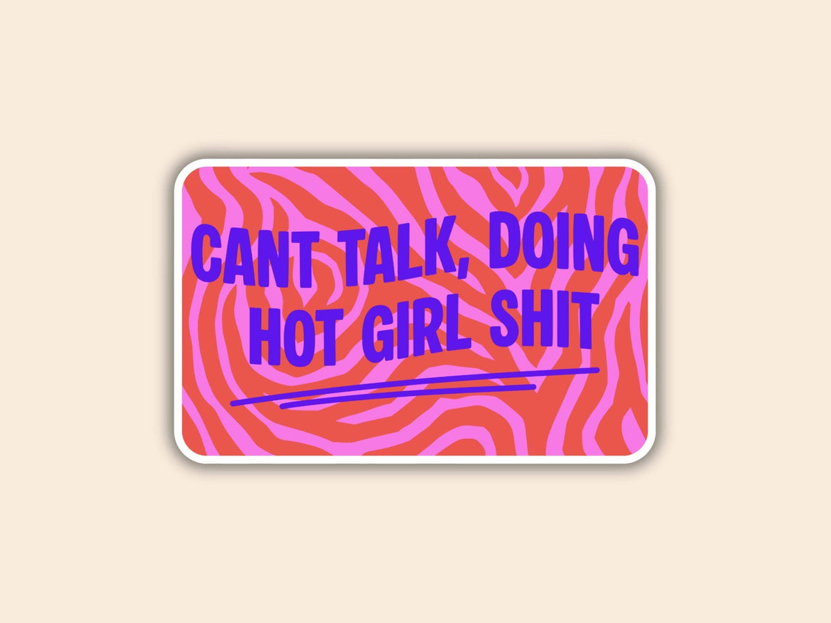 A rectangular sticker with rounded corners featuring a pink and orange wavy zebra pattern and bold purple text that reads &